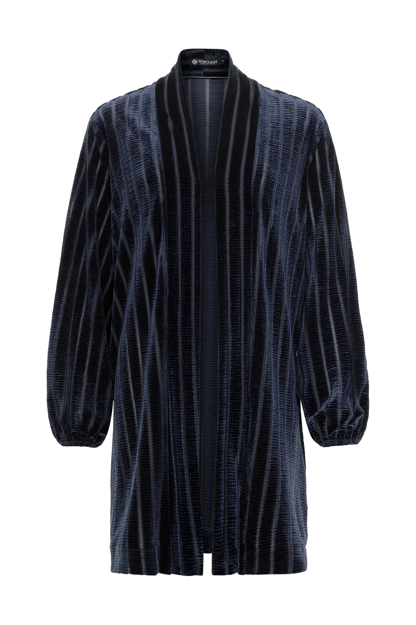 Dark blue coat with geometric stripped pattern on a white background