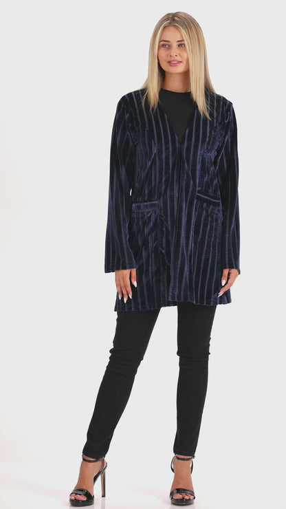 Women's Navy Blue Stripped Stretch Velvet Cardigan