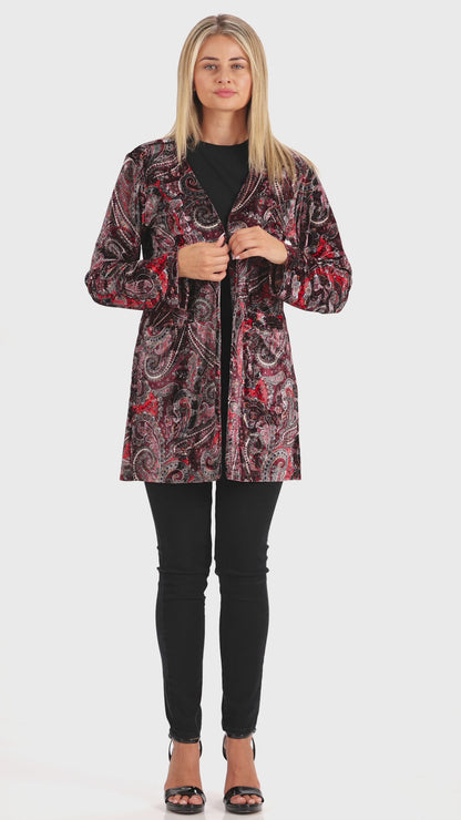 Women's Black Red Silver Stretch Velvet Cardigan