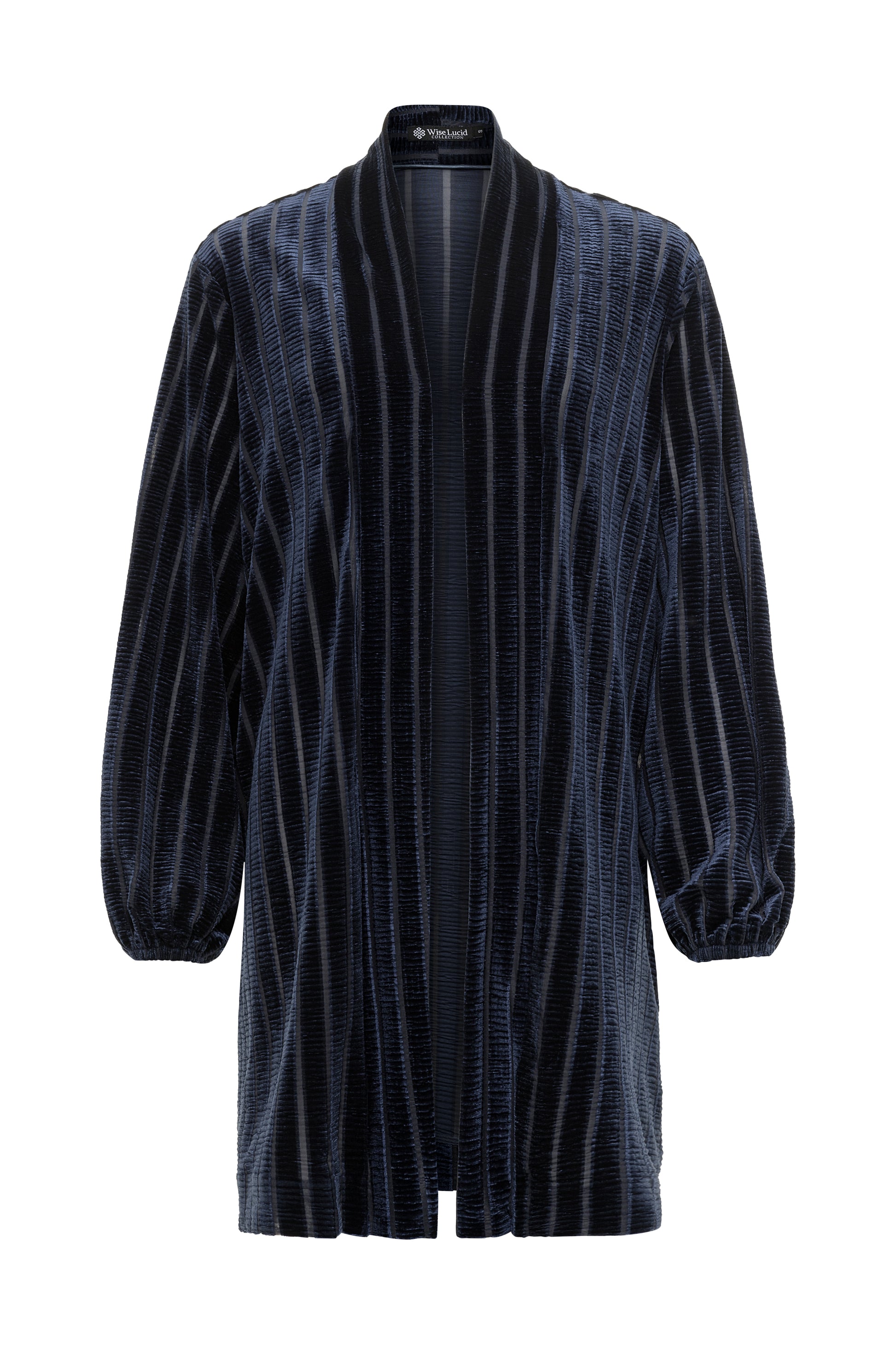 Dark blue coat with geometric stripped pattern on a white background