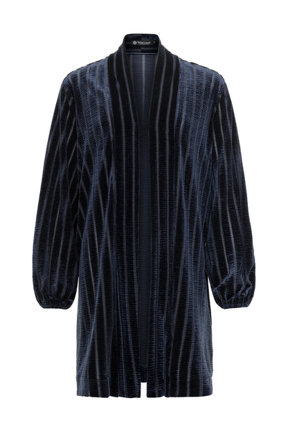 Dark blue coat with geometric stripped pattern on a white background