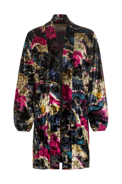 Multicolored tie-dye patterned coat on a white background