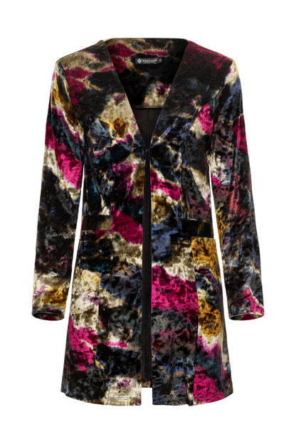 Multicolored tie-dye patterned coat on a white background