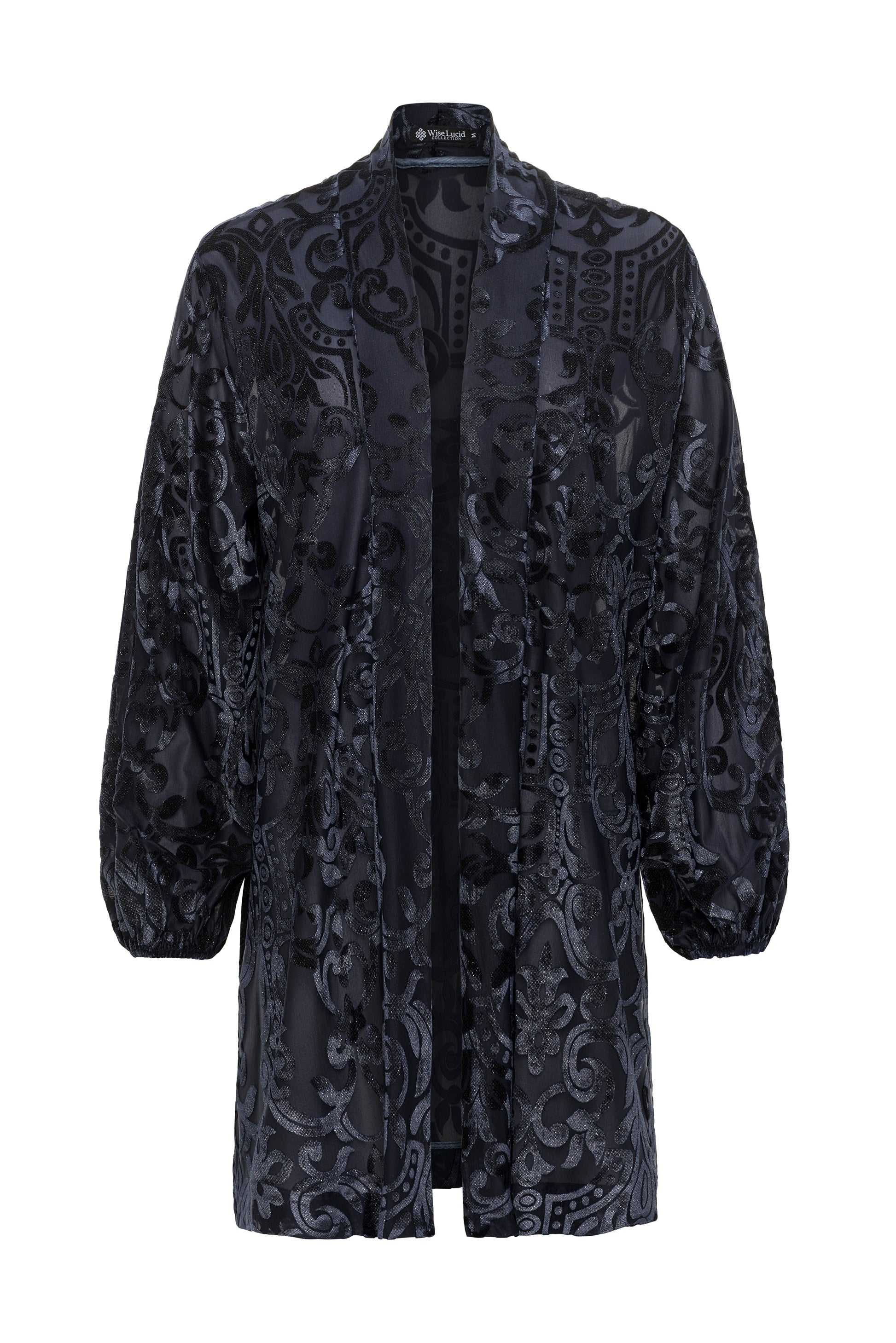 Dark blue patterned glittered coat on a white background