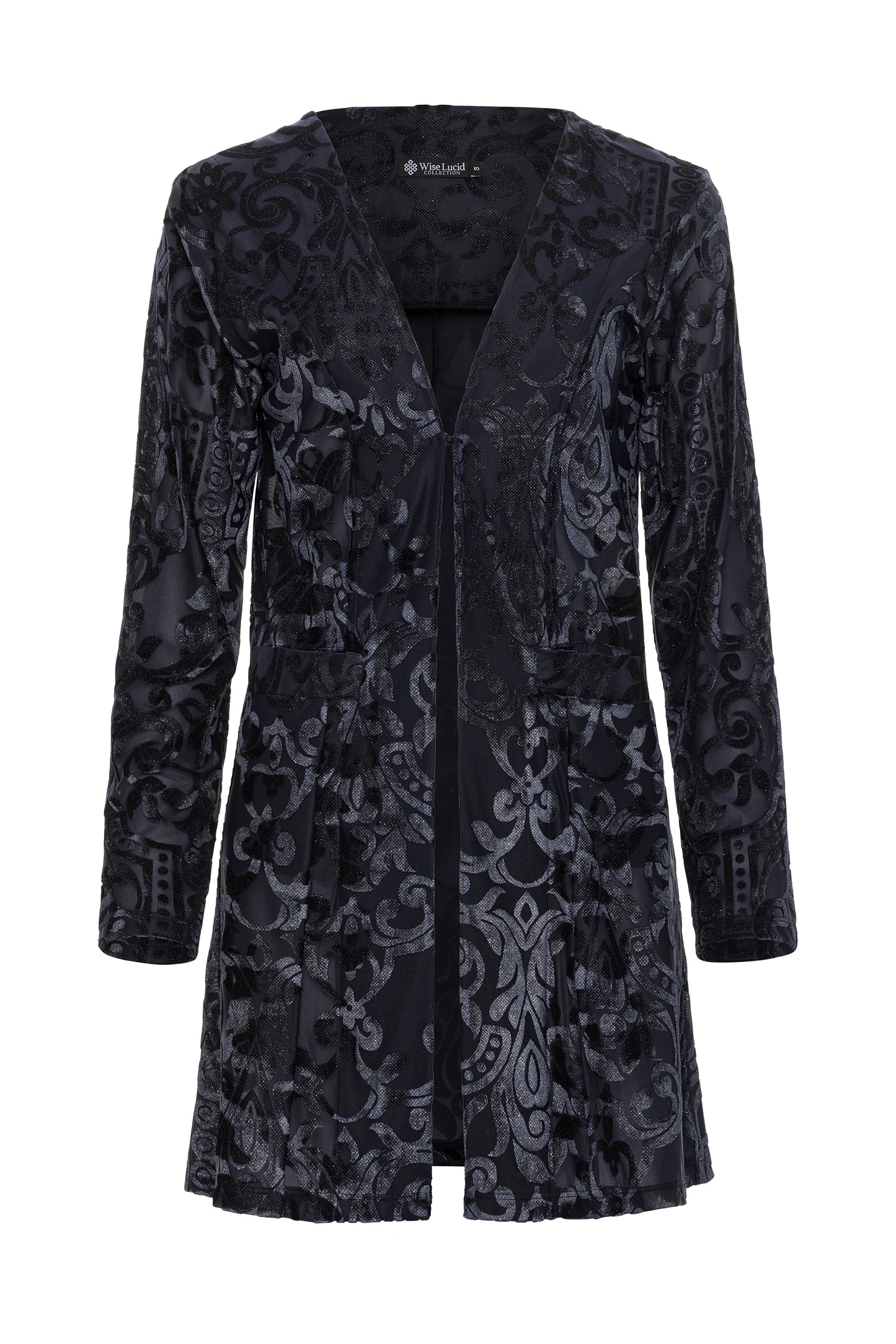 Black patterned glittered coat on a white background