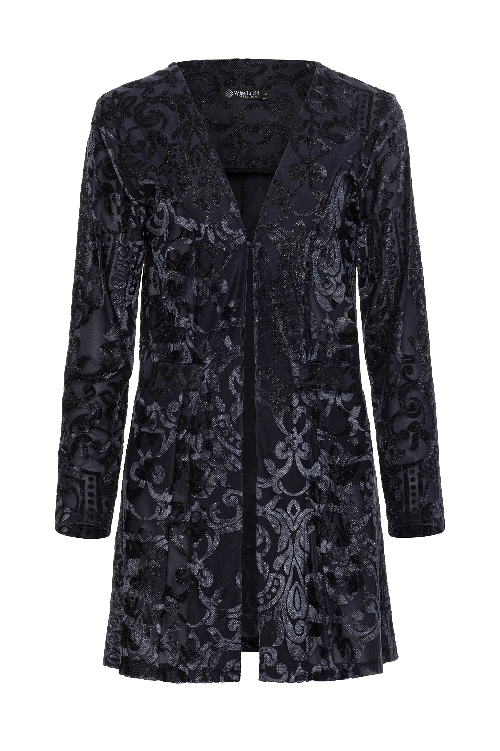 Black patterned glittered coat on a white background