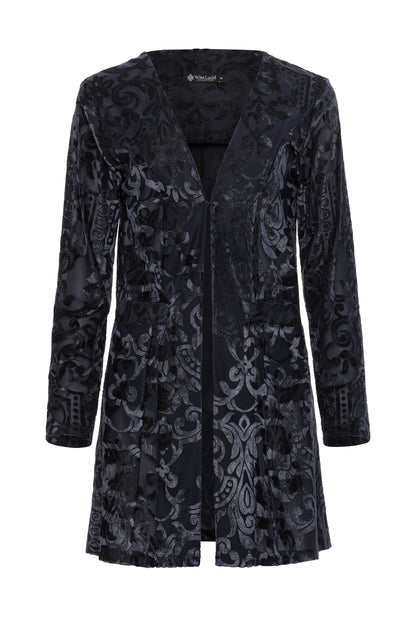 Black patterned glittered coat on a white background