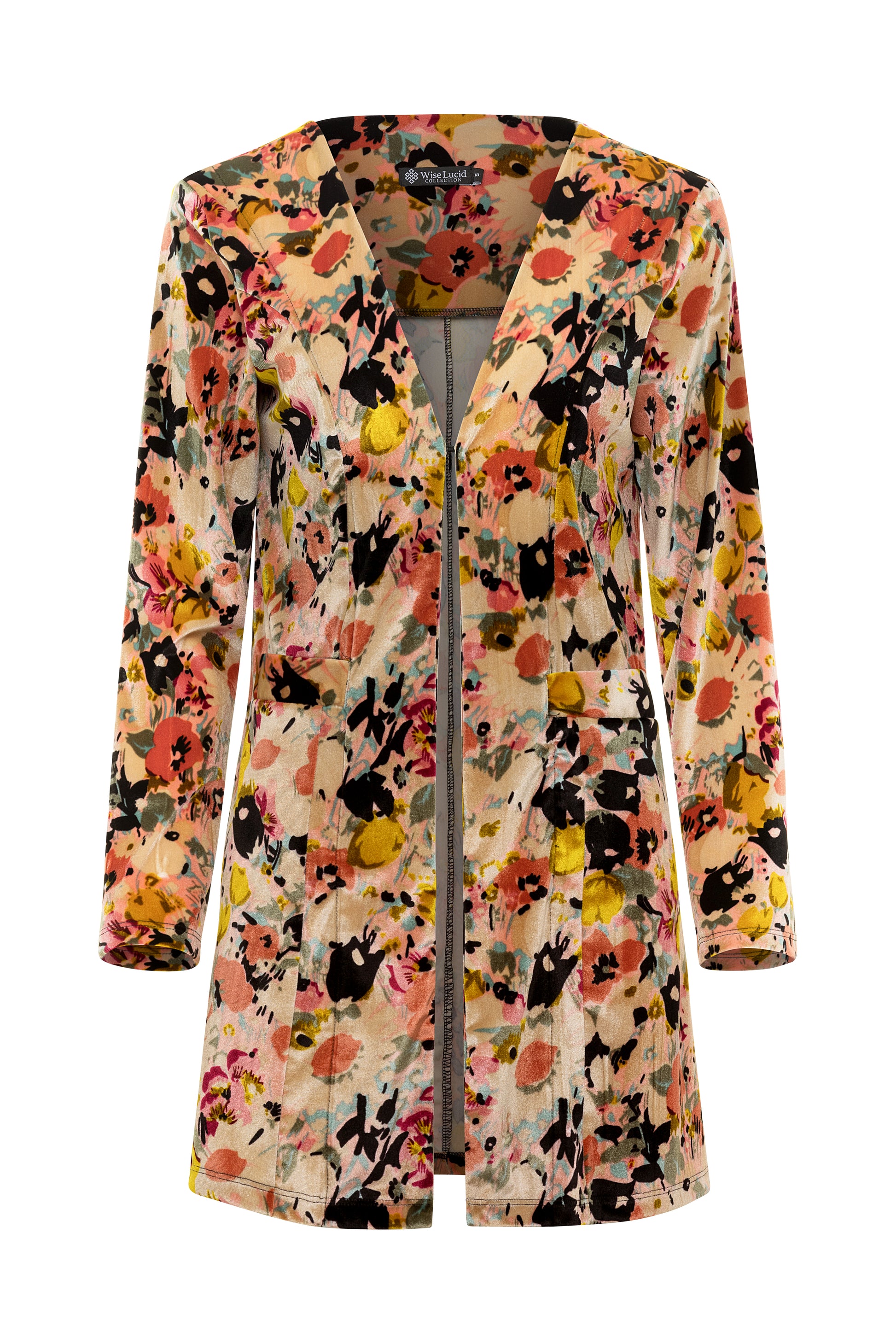 Floral patterned cardigan on a light pink background