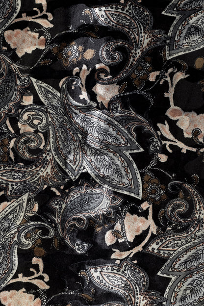 Velvet cardigan fabric detail with black grey silver paisley printing