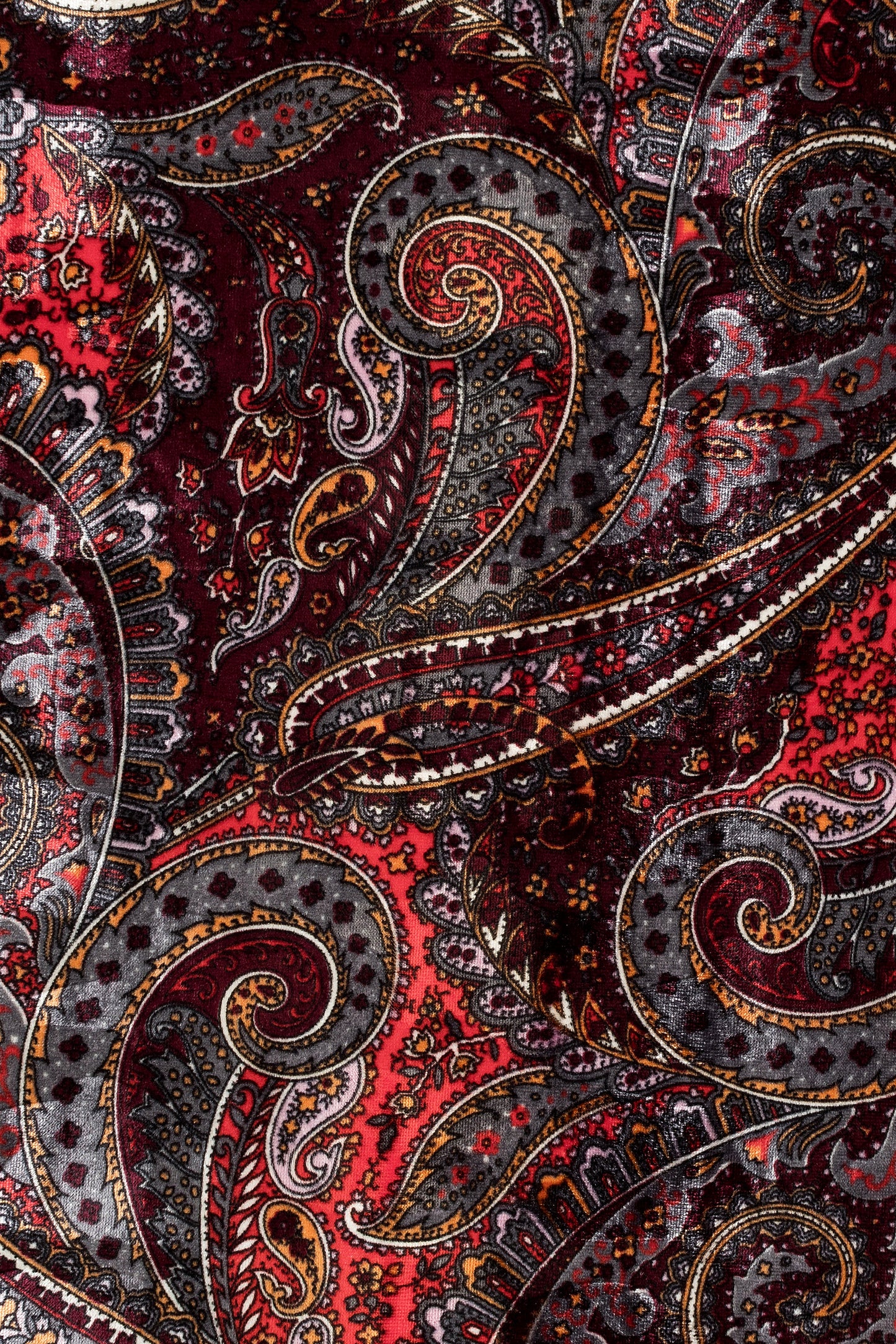 Velvet cardigan fabric detail with black red silver paisley printing