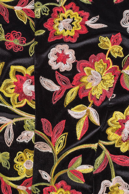 Velvet cardigan fabric detail black with red yellow embroidery